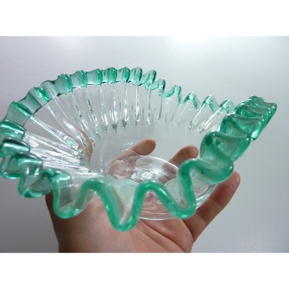Unbranded Other - Vintage Clear Blown Glass Bowl Green/Blue Edge Trim Scalloped Ruffle Mermaid
